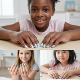 Variété d'ongles press-on Hello Kitty sur une table
