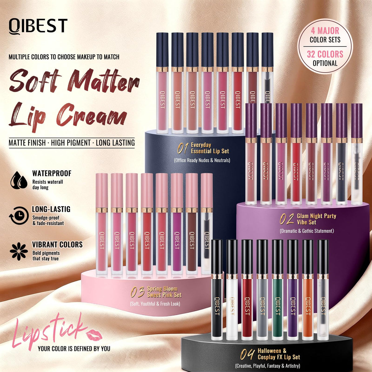 Variété de teintes du set de rouges à lèvres QiBest