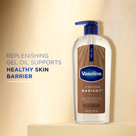 Vaseline Huile de Corps au Cacao 349g sur une surface de salle de bain