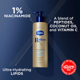 Vaseline Lotion Nourrissante Radiant X 399g sur une table avec des produits de beauté