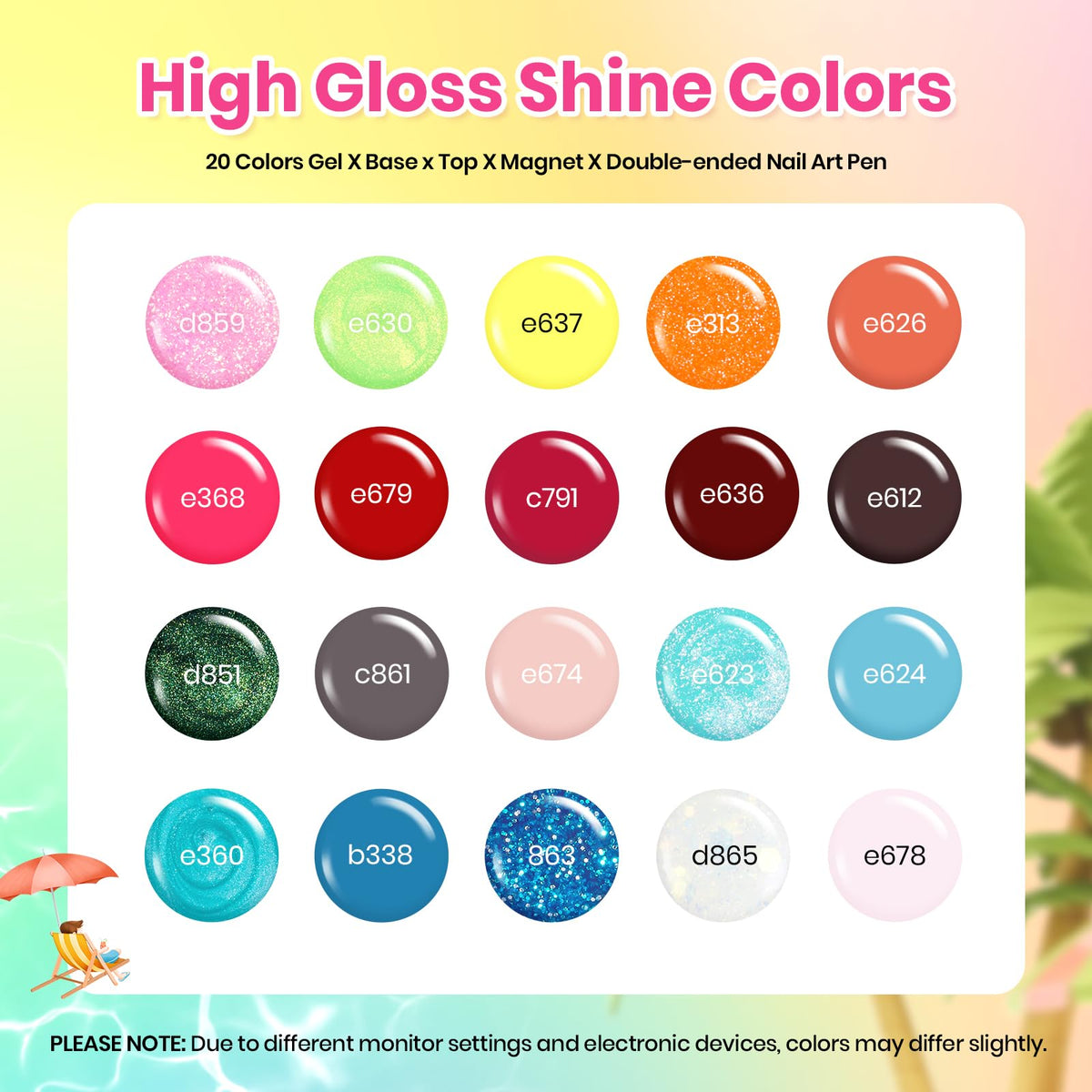 Vernis à ongles gel beetles en rose, bleu et vert, vue de dessus