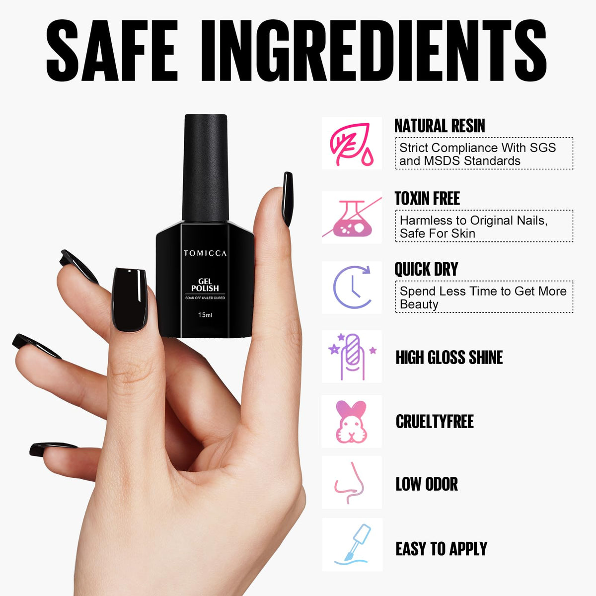 Vernis à Ongles Gel Noir TOMICCA ouvert avec brosse