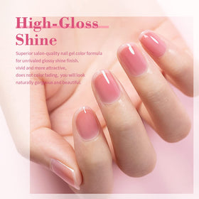 Vernis à ongles gel rose transparent RARJSM 15ml, application sur un ongle