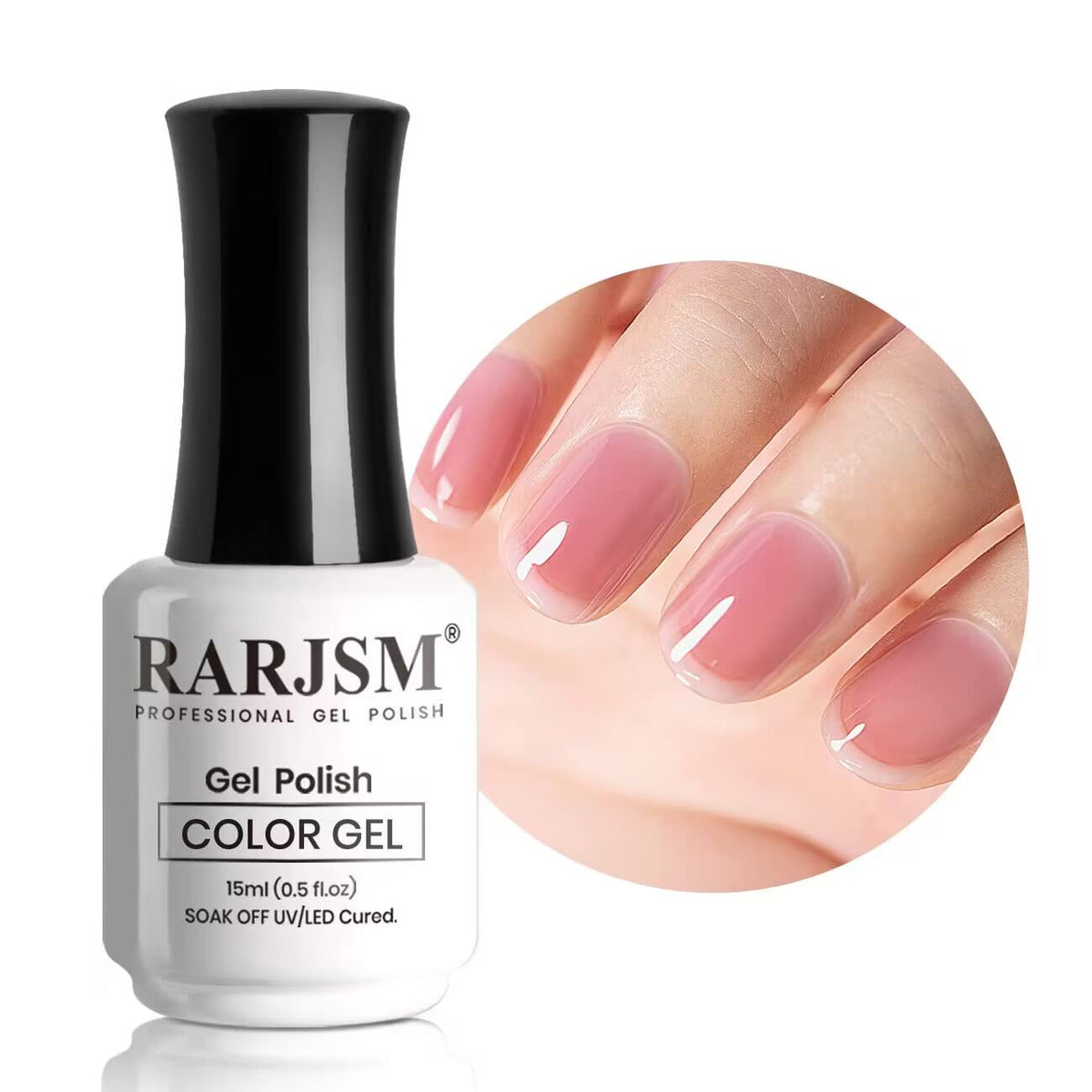 Vernis à ongles gel rose transparent RARJSM 15ml, bouteille vue de face