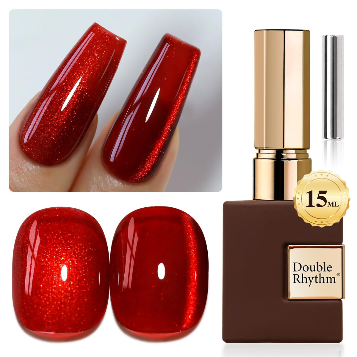 Vernis gel Cat Eye 15ml couleur rouge sanguin avec paillettes holographiques