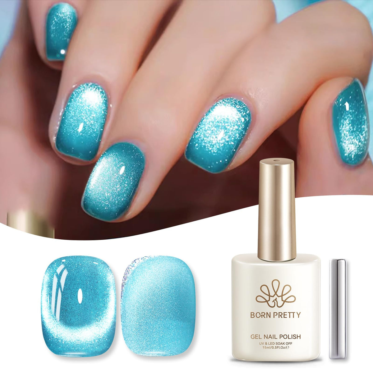 Vernis gel Cat Eye bleu ciel dans un cadre de manucure