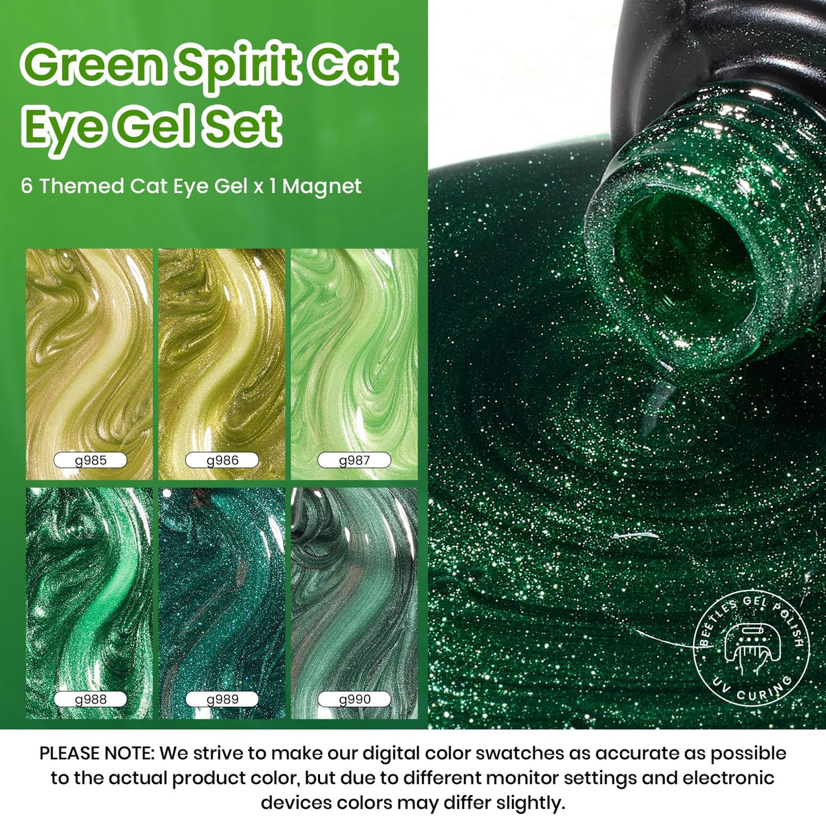 Vernis gel Cat Eye vert appliqué sur des ongles avec effet lumineux