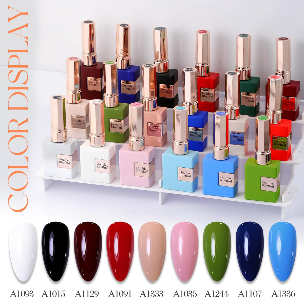 Vernis gel en couleur orange lacté sur une surface blanche