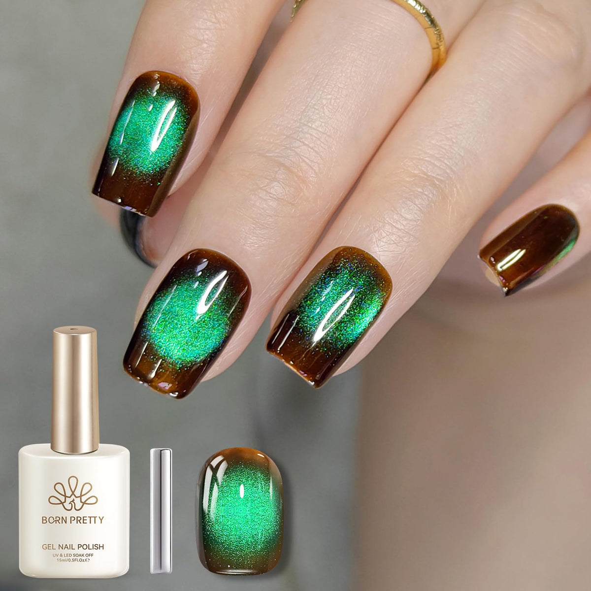Vernis Gel Magnétique Brun Vert 15ml de Born Pretty, bouteille vue de face