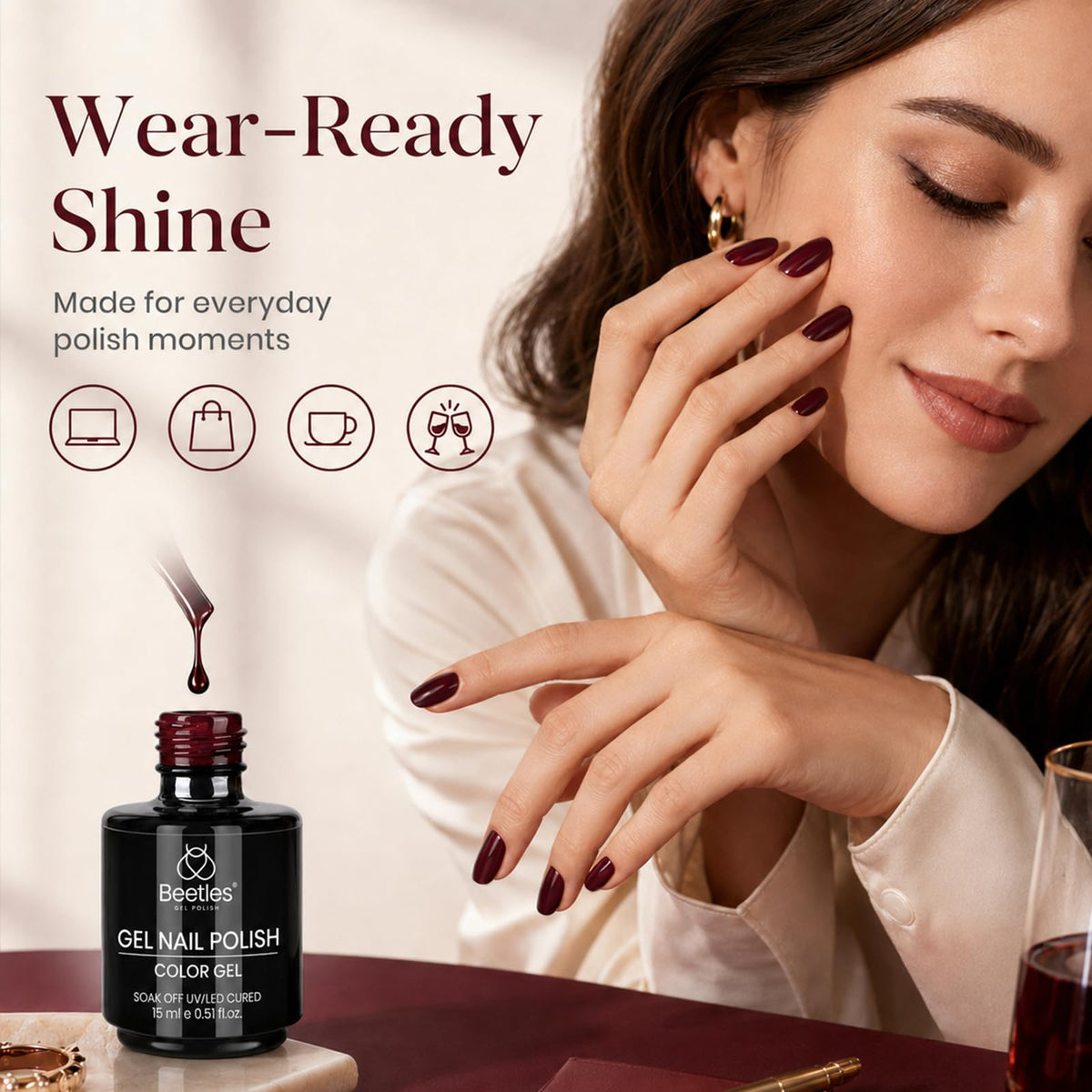 Vernis gel Merlot Wine sur une table de manucure