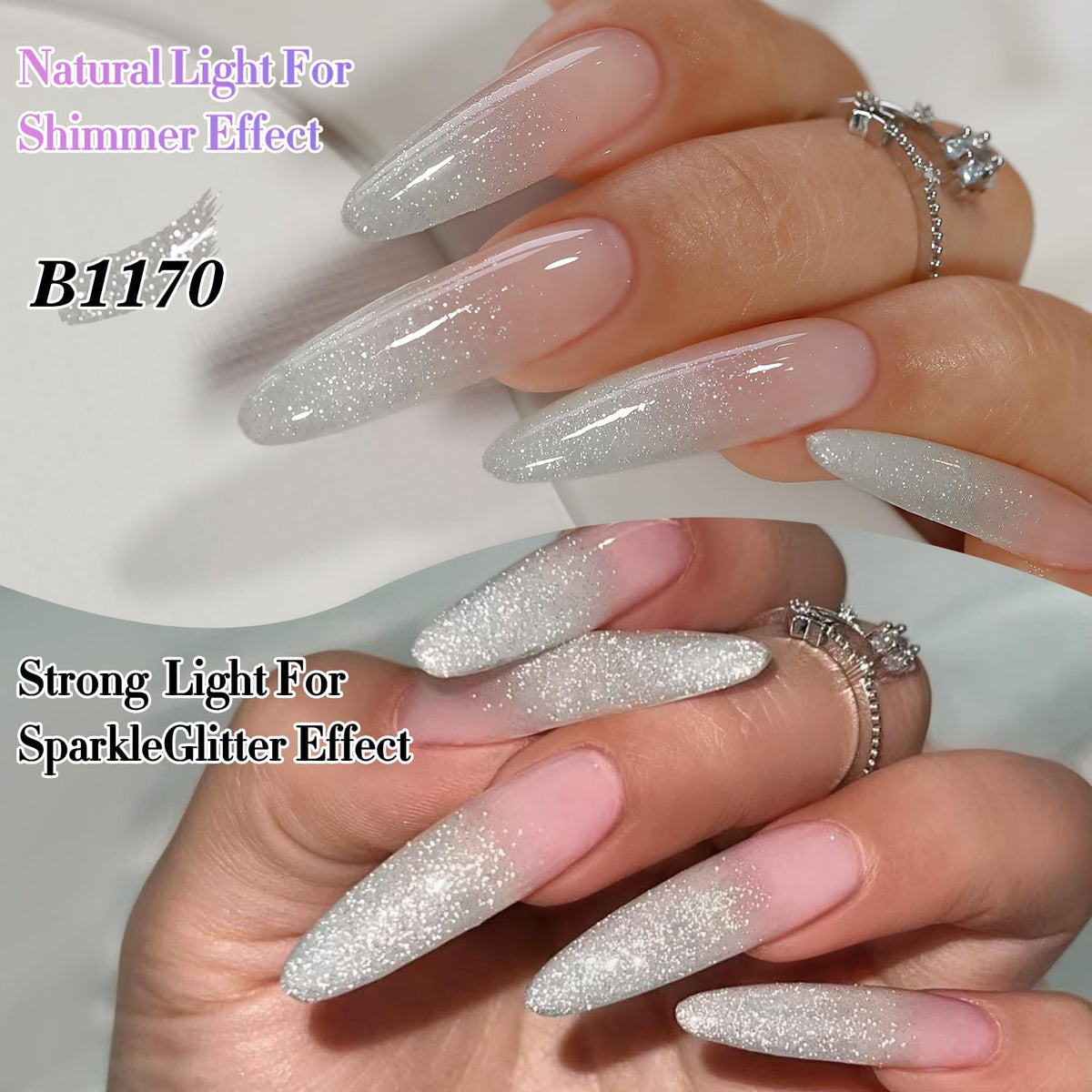 Vernis gel pailleté argent en utilisation pour nail art