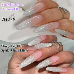 Vernis gel pailleté argent en utilisation pour nail art