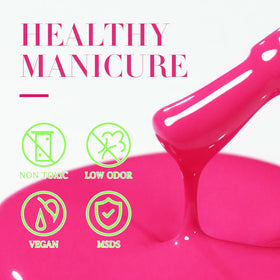 Vernis gel rose néon Double Rhythm sur des ongles manucurés