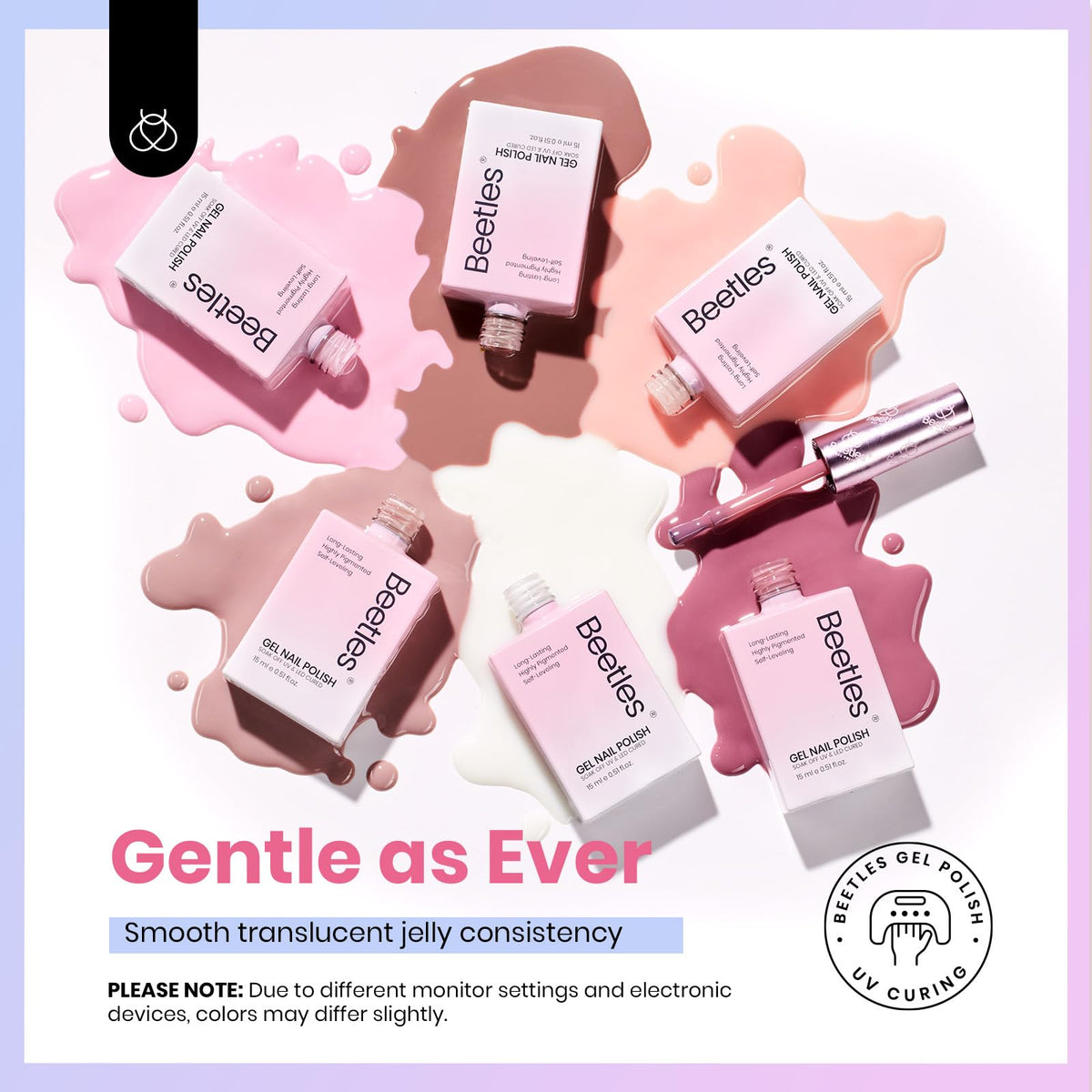 Vernis gel rose nude Beetles en application sur des ongles