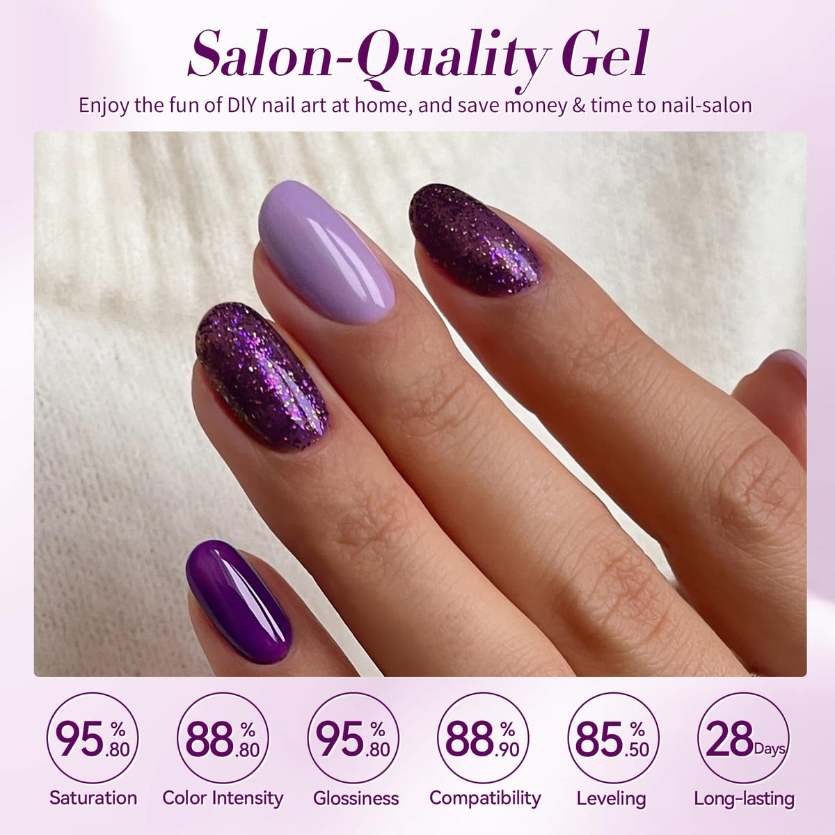 Vernis gel violet pailleté Born Pretty sur une table avec accessoires