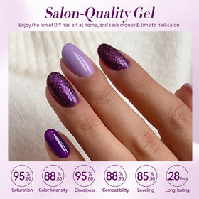 Vernis gel violet pailleté Born Pretty sur une table avec accessoires