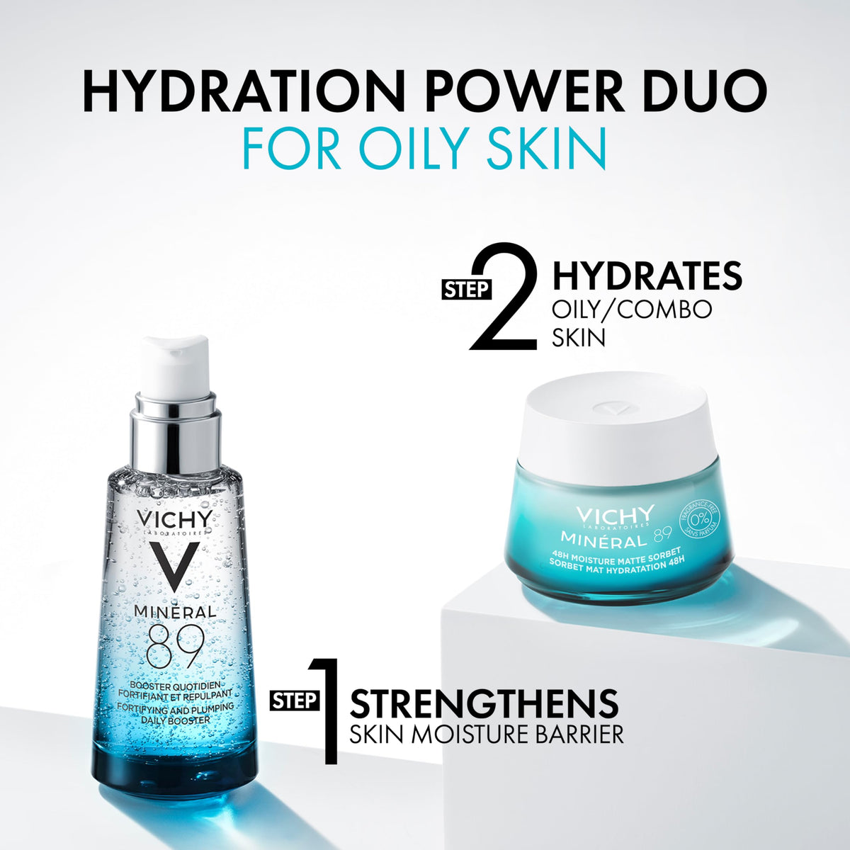 VICHY Minéral 89 Sorbet Crème Hydratante sur un fond neutre