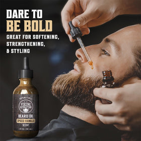Viking Revolution huile à barbe vanille épicée bouteille avec étiquette