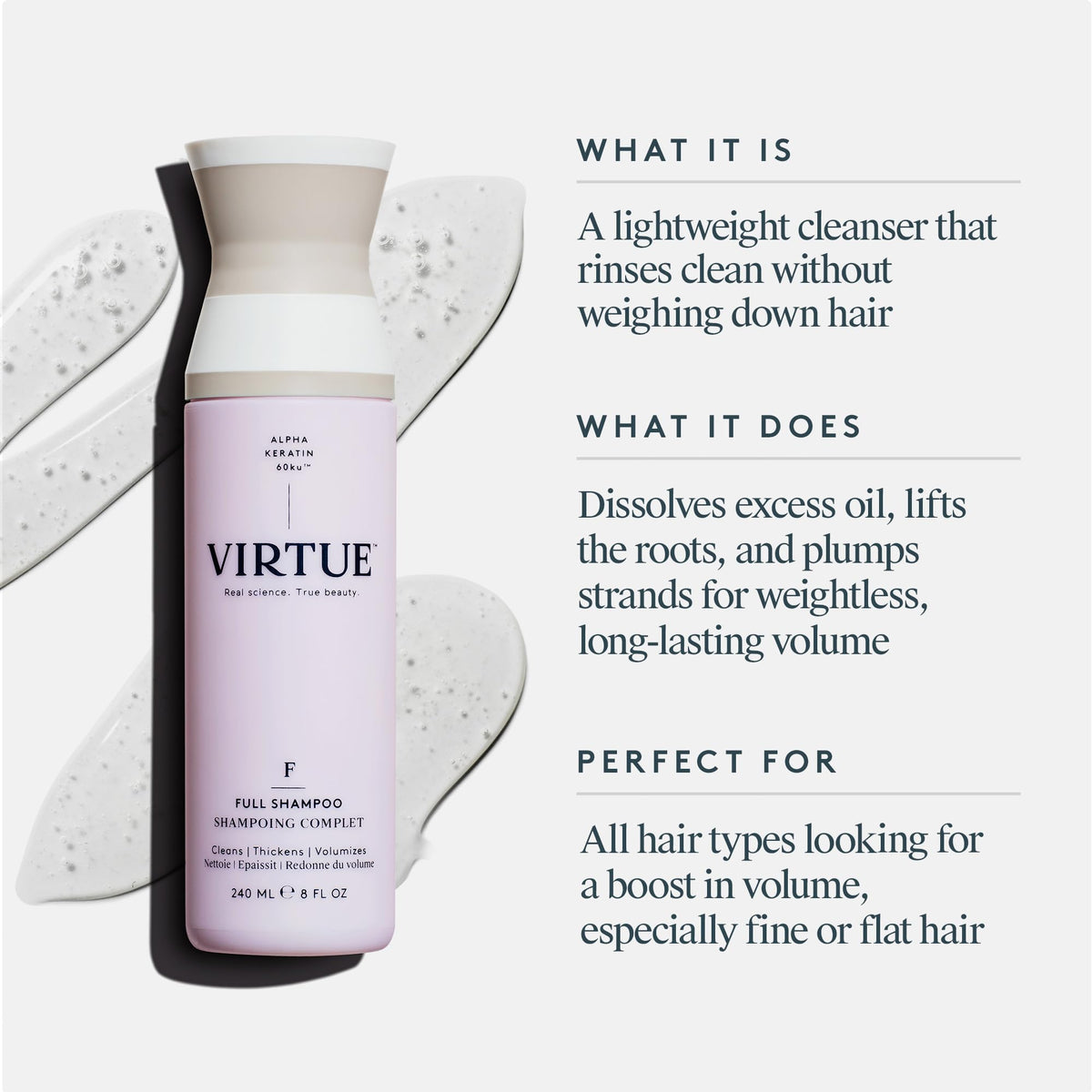 VIRTUE Shampooing Volumisant 300g arrière avec ingrédients