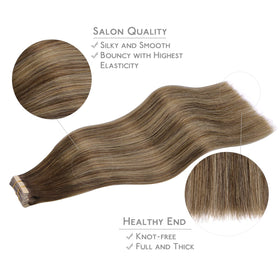Visuel des extensions capillaires Wennalife en balayage chocolat à blond miel sur un modèle