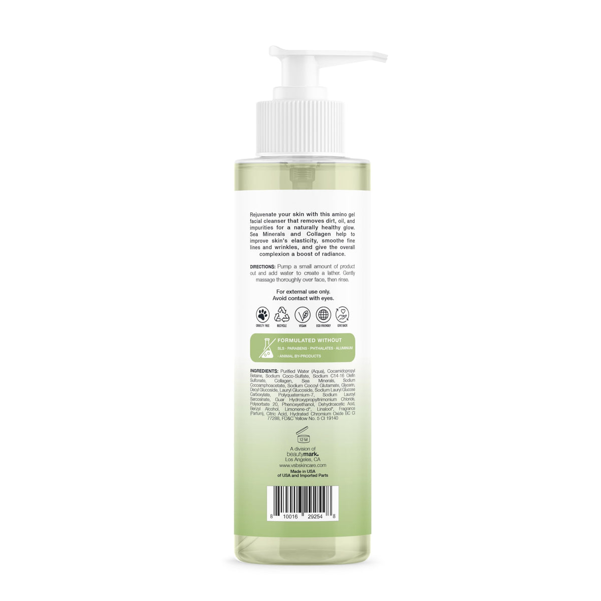 VITAMINS AND SEA BEAUTY Gel Nettoyant Amino 236ml affichant les ingrédients