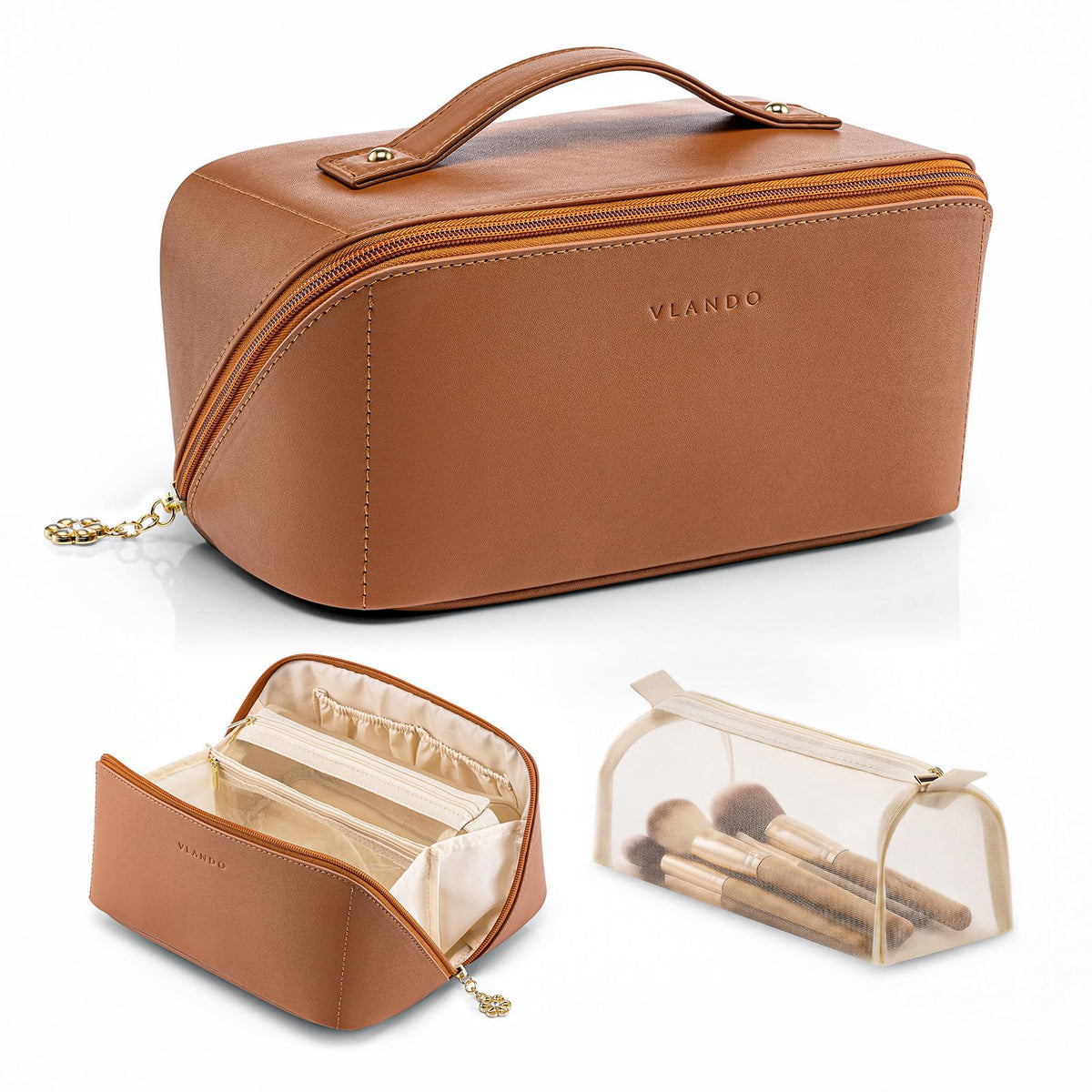 VLANDO trousse de maquillage marron ouverte avec compartiments