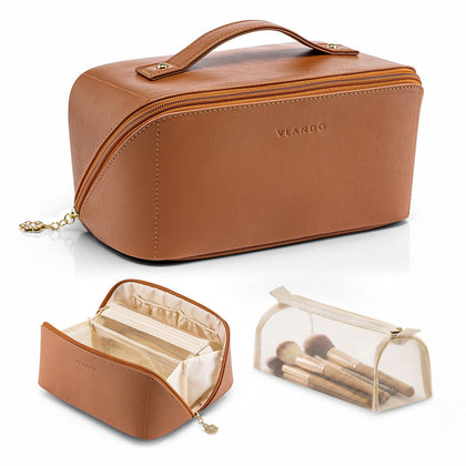 VLANDO trousse de maquillage marron ouverte avec compartiments