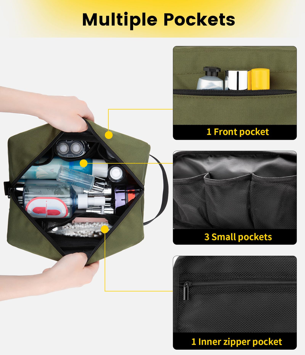 Vorspack trousse de toilette verte sur une table de salle de bain avec des produits de soin