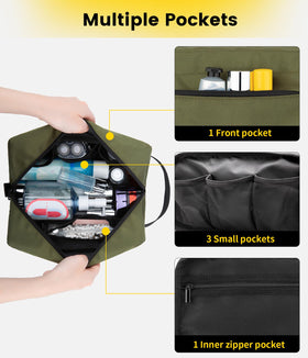 Vorspack trousse de toilette verte sur une table de salle de bain avec des produits de soin