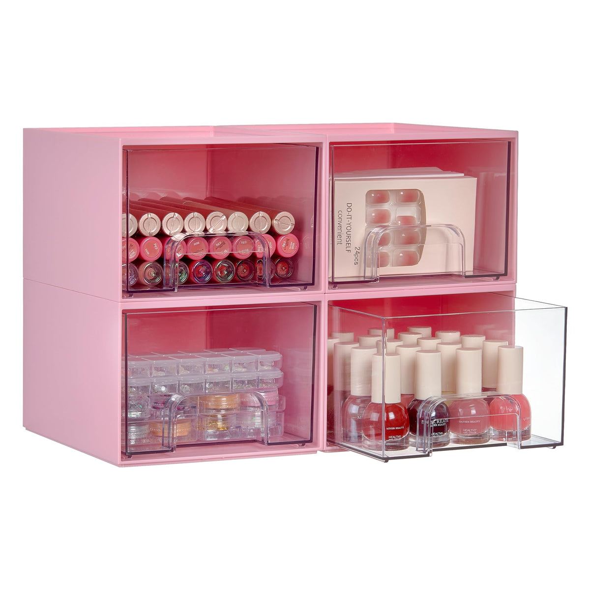 Vtopmart boîtes de rangement empilables transparentes rose, vue de face
