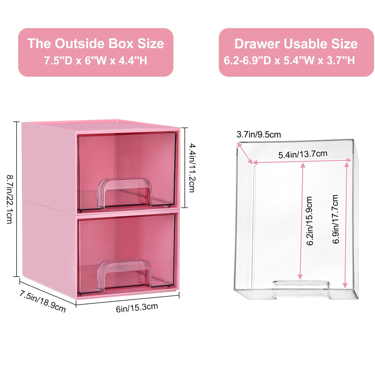 Vtopmart boîtes de rangement rose avec tiroirs ouverts, vue de côté