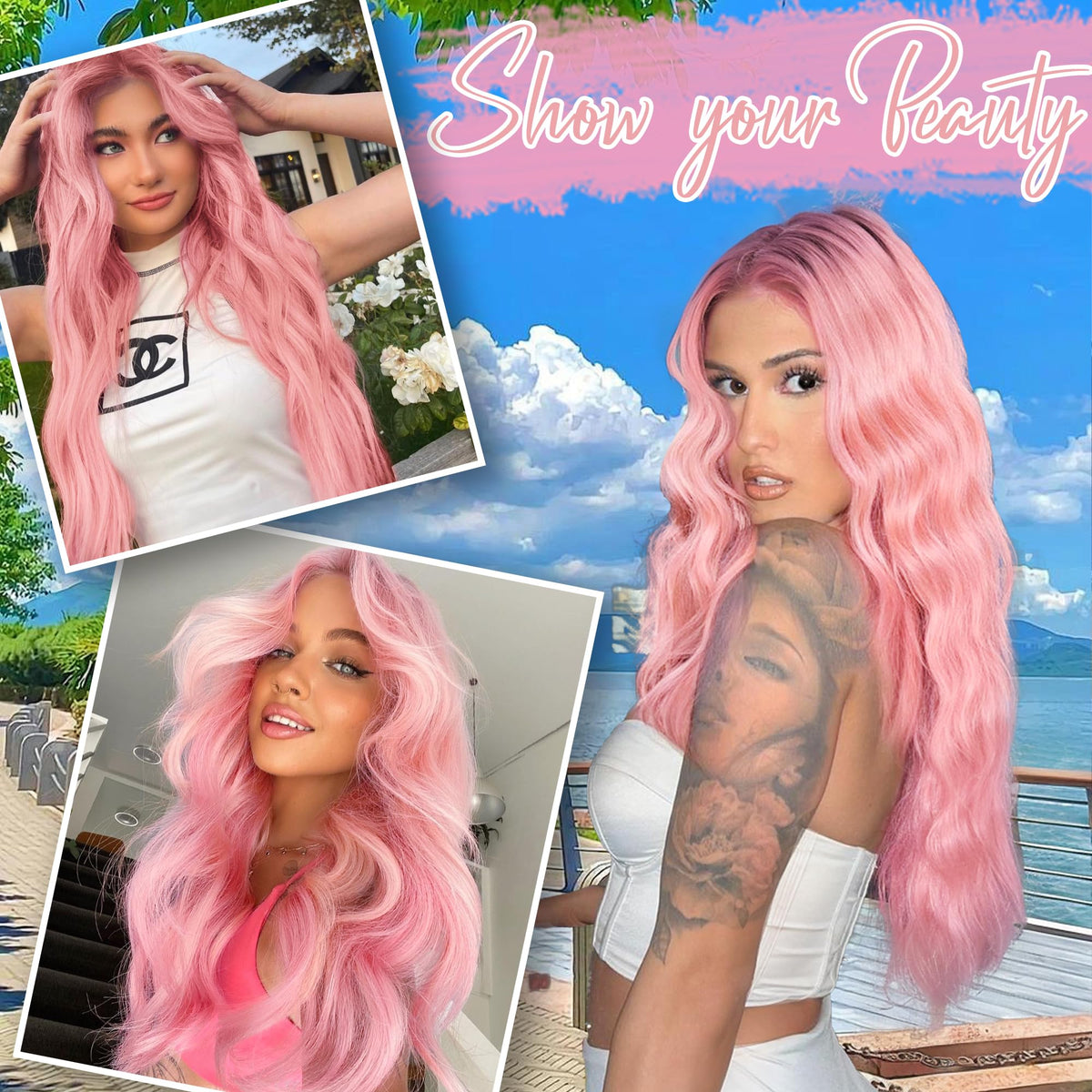 Vue arrière de la perruque rose longue AISI HAIR
