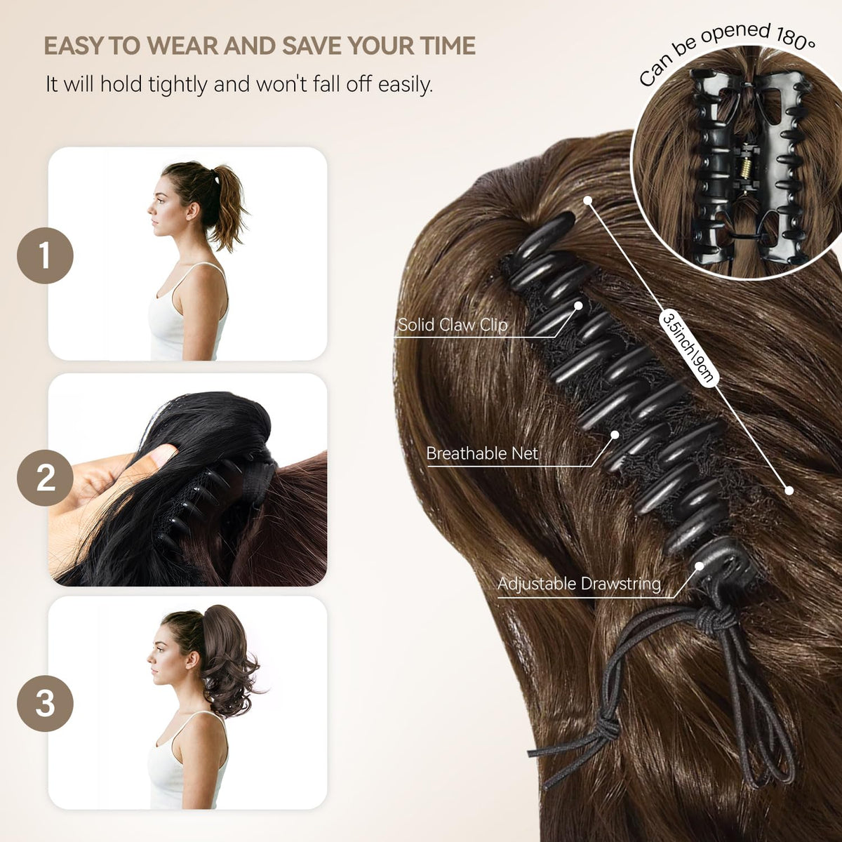 Vue arrière de la queue de cheval clip-in ZQIAN BEAUTY