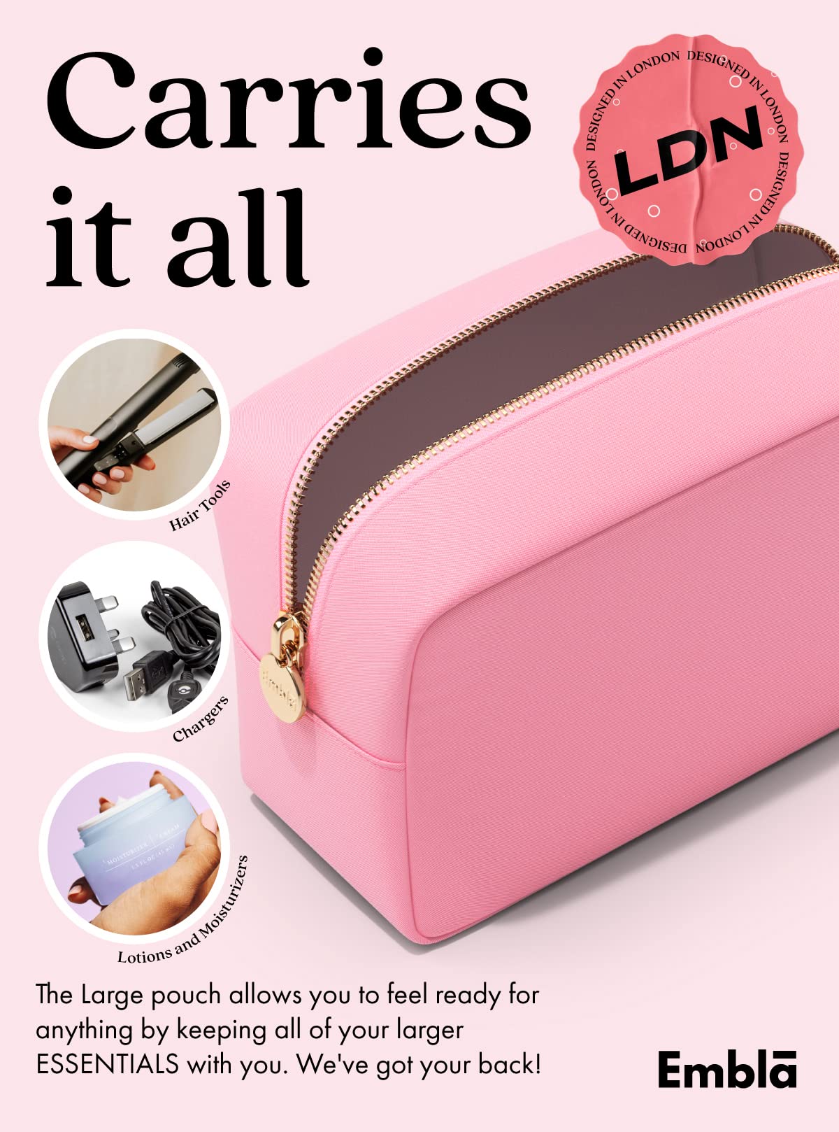 Vue arrière de la trousse de maquillage Embla rose clair