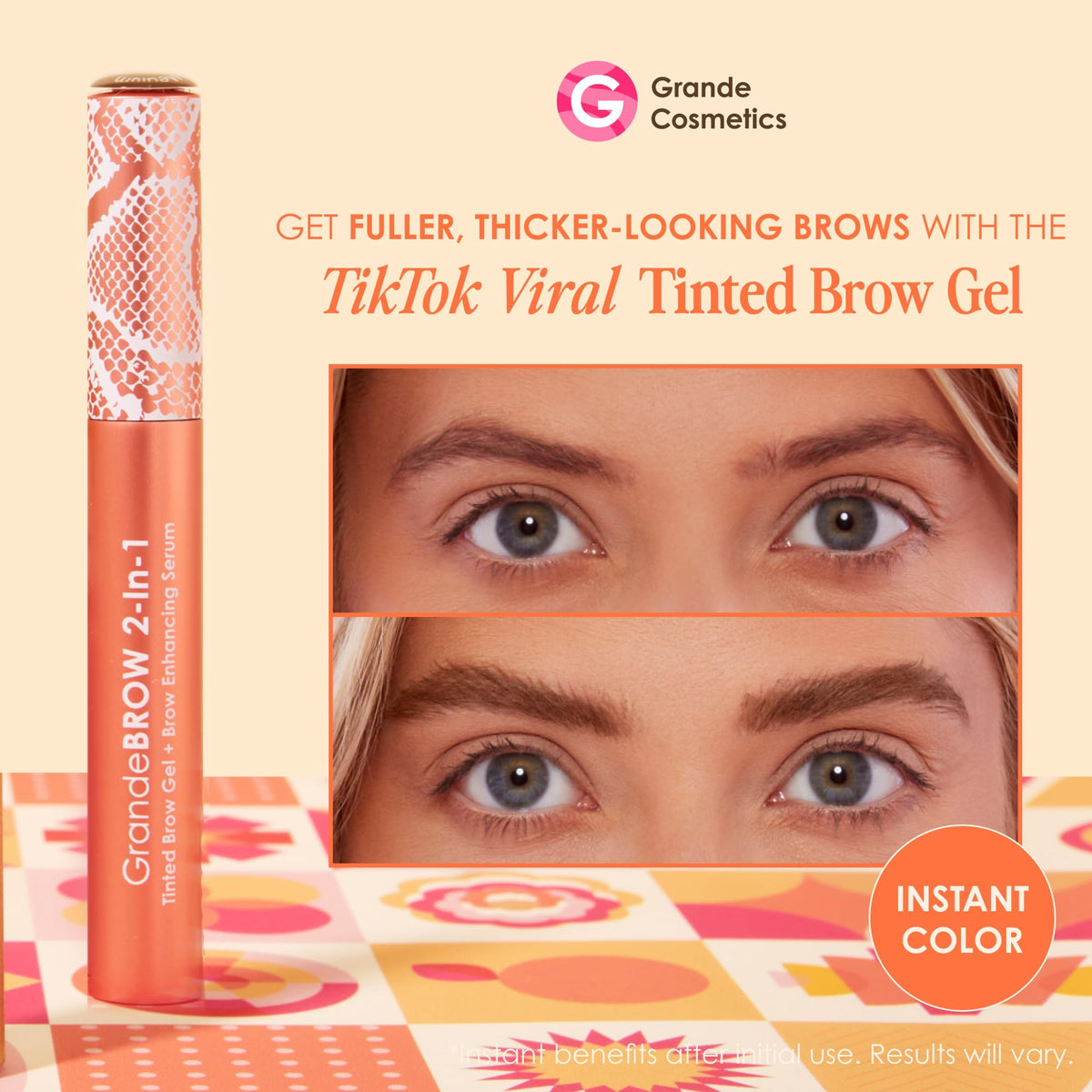 Vue arrière du Gel à Sourcils Tanné 2-en-1 Grande Cosmetics, informations sur l'emballage