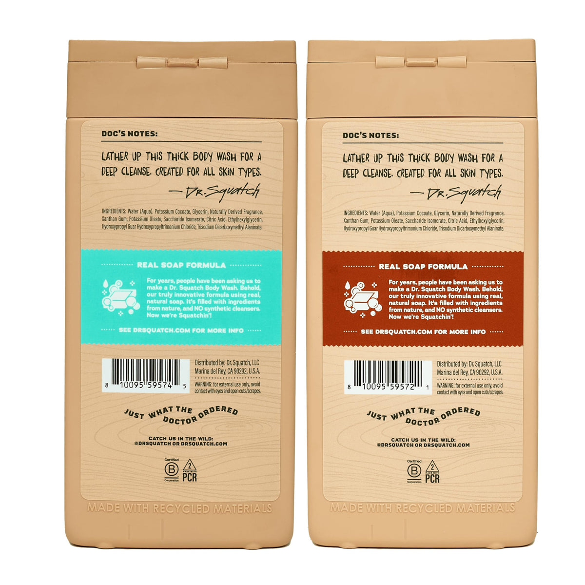Vue arrière du gel douche Dr. Squatch, informations sur les ingrédients