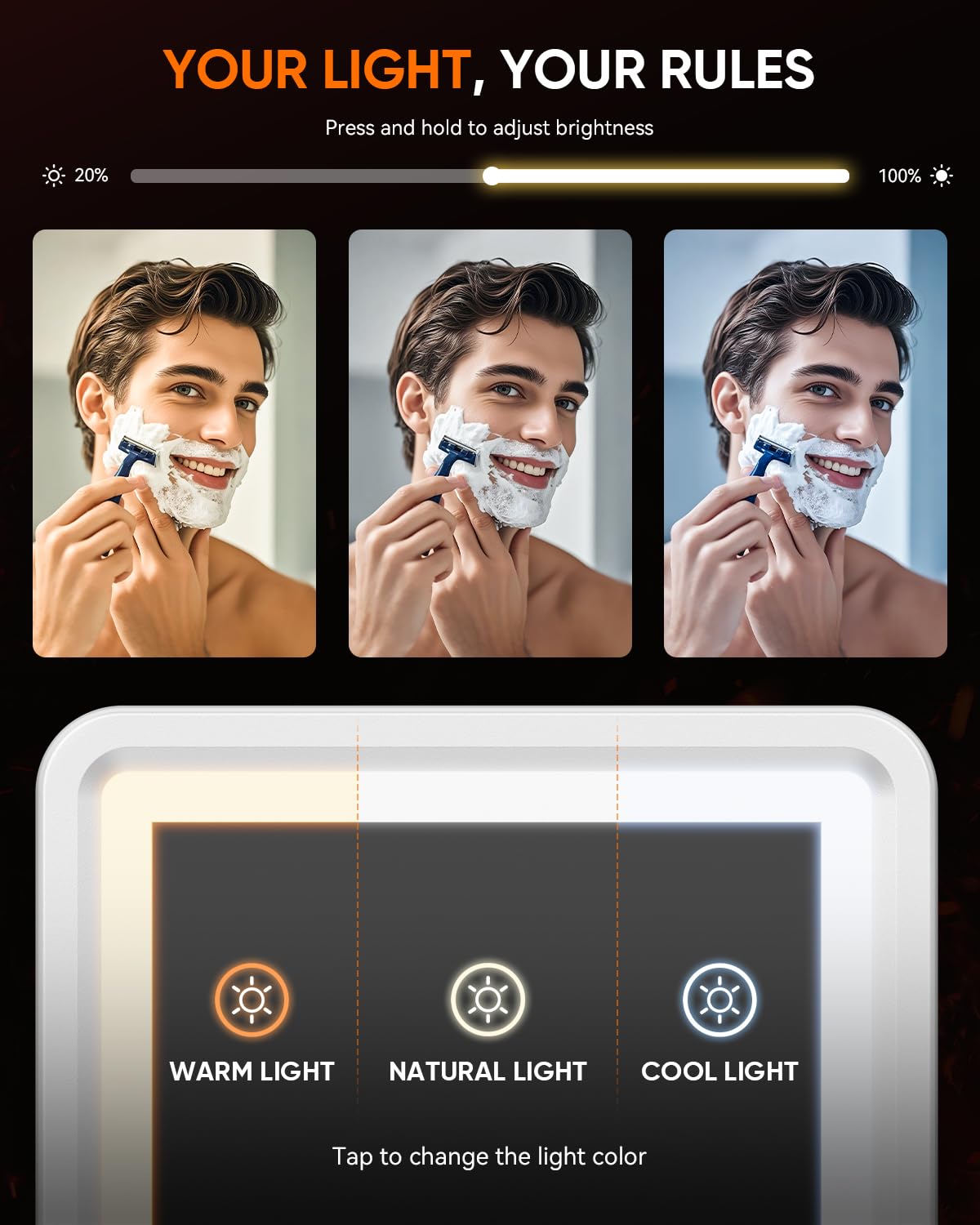 Vue arrière du miroir de douche eeuuty avec batterie rechargeable