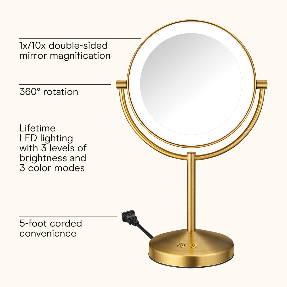 Vue arrière du miroir de maquillage Conair avec éclairage LED et rotation à 360°