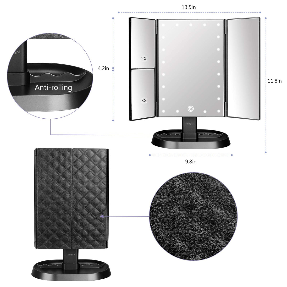 Vue arrière du miroir de maquillage deweisn avec 3 panneaux