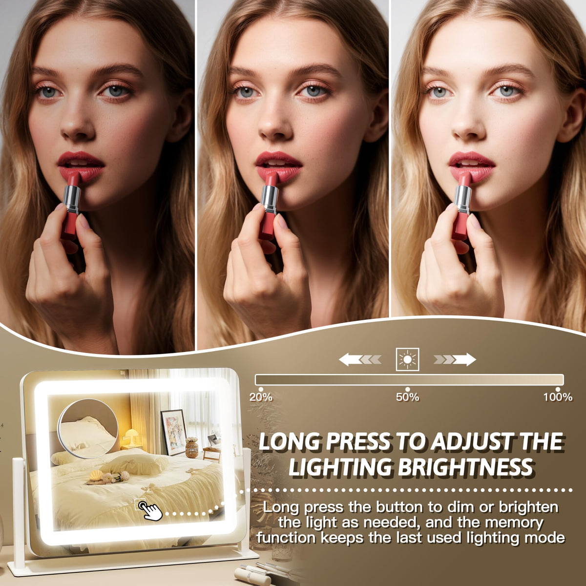 Vue arrière du miroir de maquillage FENNIO avec cadre en aluminium