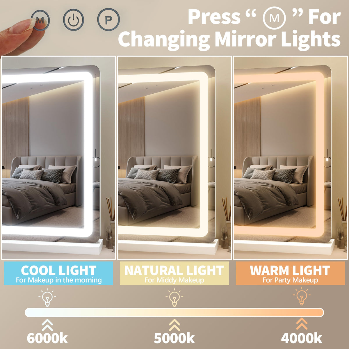 Vue arrière du miroir de maquillage FENNIO avec réglage de la luminosité