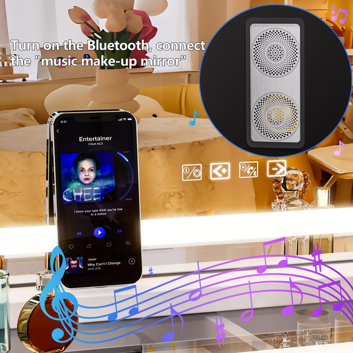 Vue arrière du miroir de maquillage Hasipu avec ports USB
