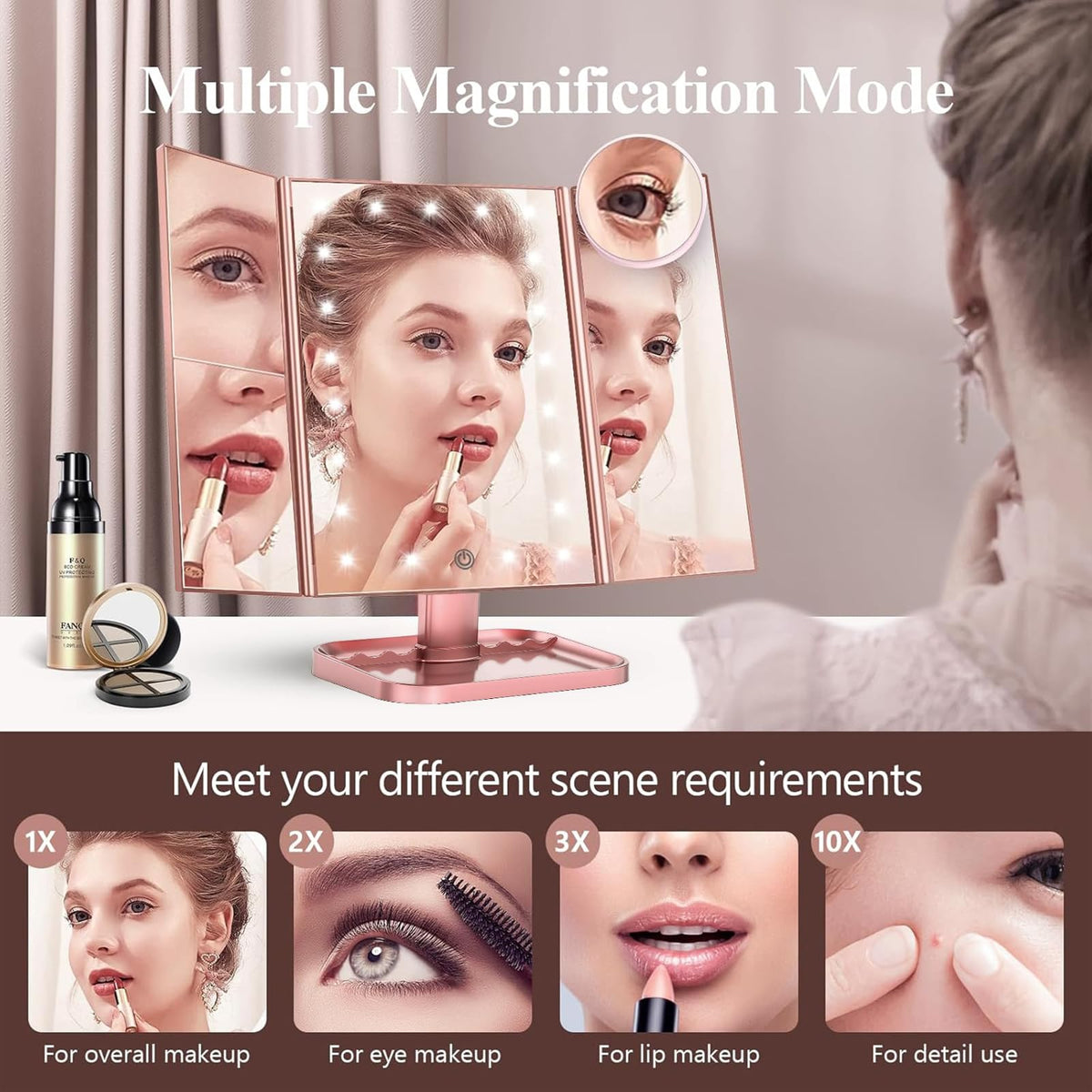Vue arrière du miroir de maquillage trifold HUONUL