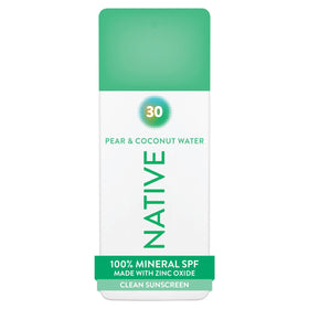 Vue avant du spray solaire minéral Native 7 oz avec étiquette visible
