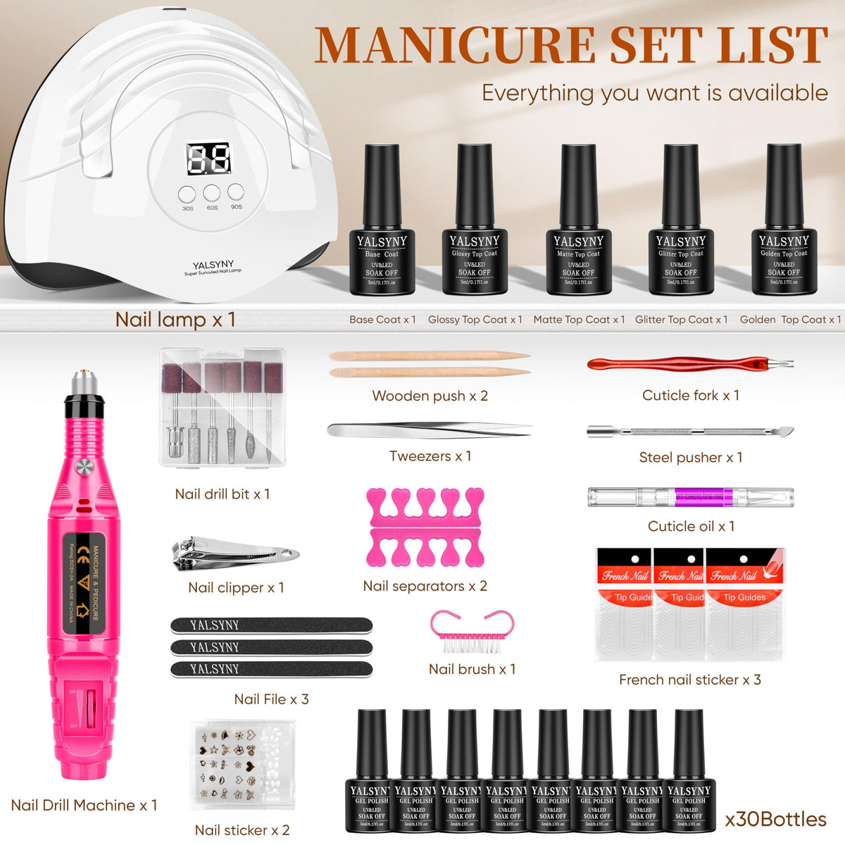 Vue d'ensemble du kit de vernis à ongles gel YALSYNY