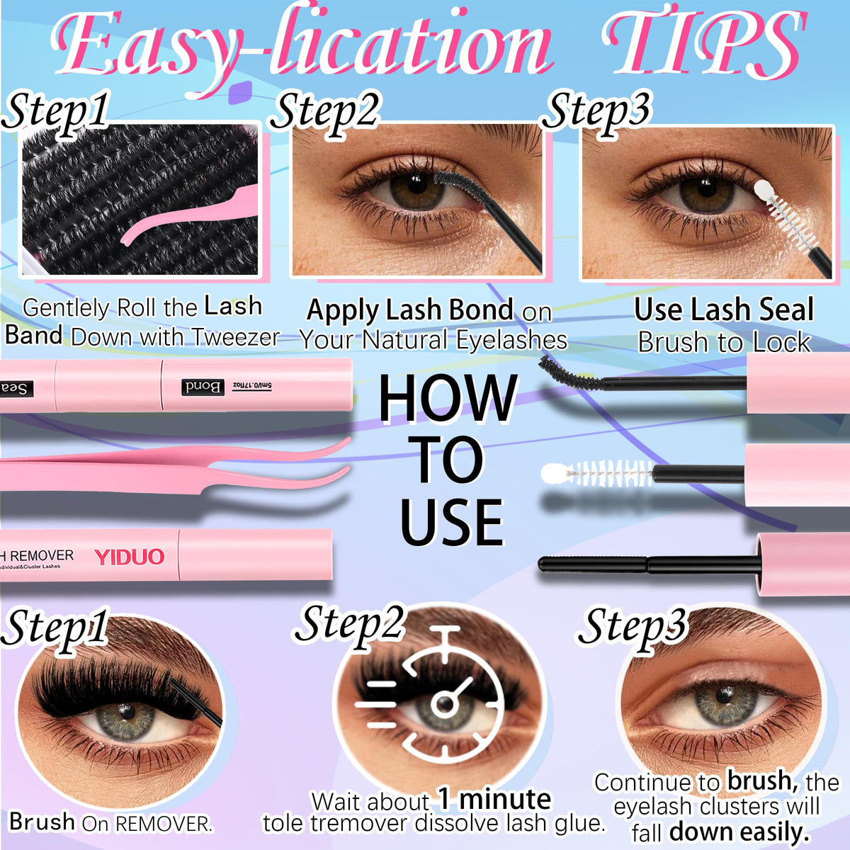 Vue d'ensemble du kit YIDUO de cils avec accessoires