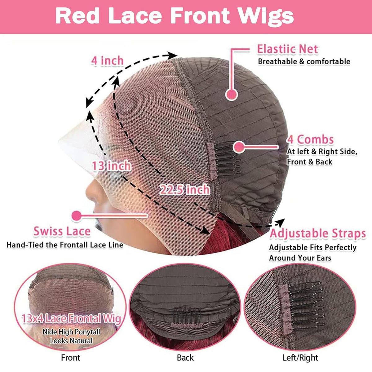 Vue de côté de la perruque lace front Bordeaux 13x6