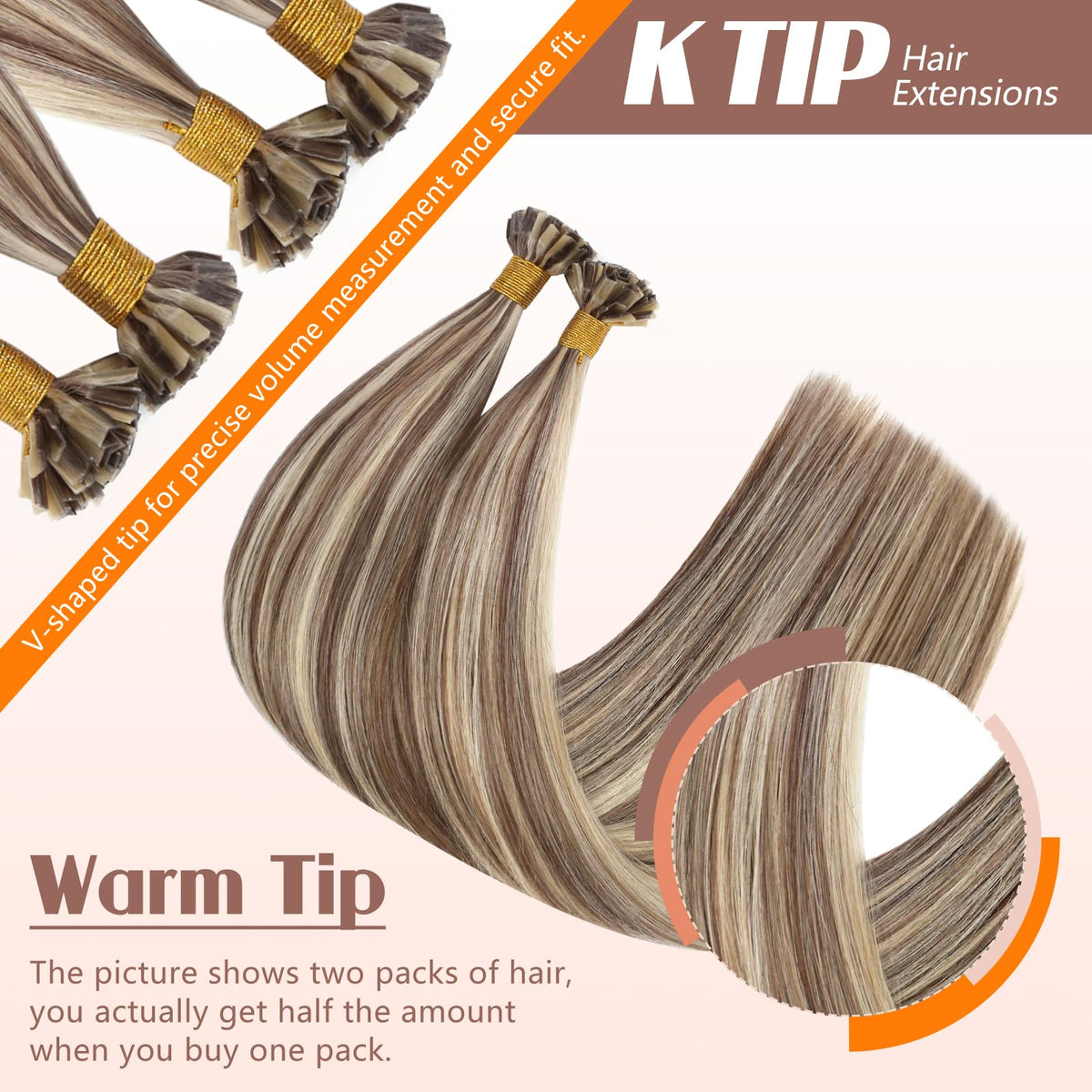 Vue de côté des extensions K Tip Sunny Hair avec mèches blondes