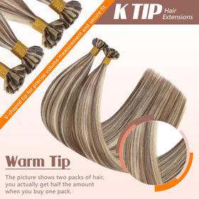Vue de côté des extensions K Tip Sunny Hair avec mèches blondes