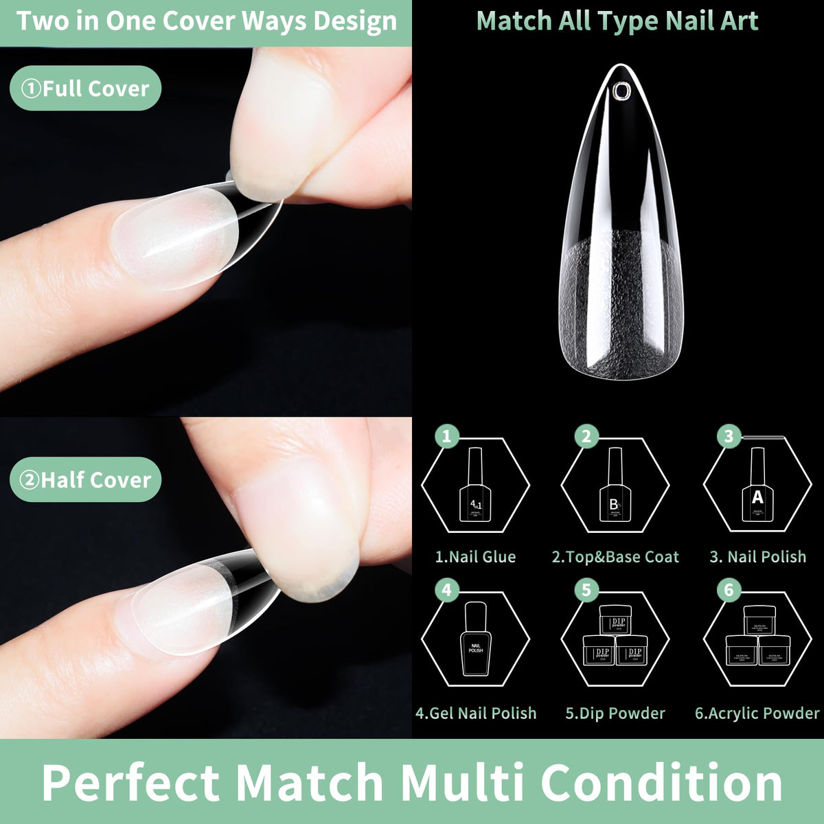 Vue de côté des tips d'ongles stiletto LEYKOSH